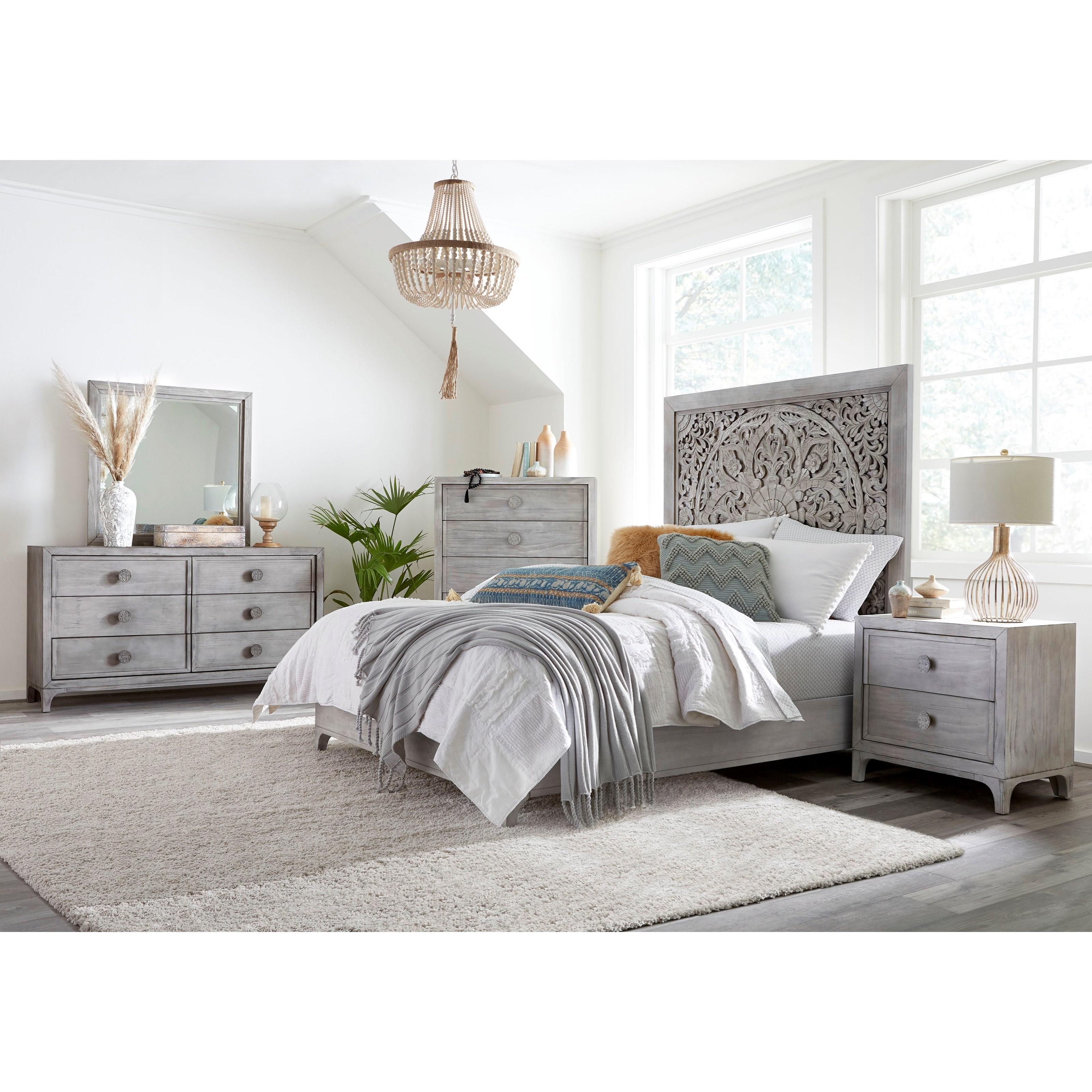 Boho Chic California King Platform Bed in Washed White with Intricate